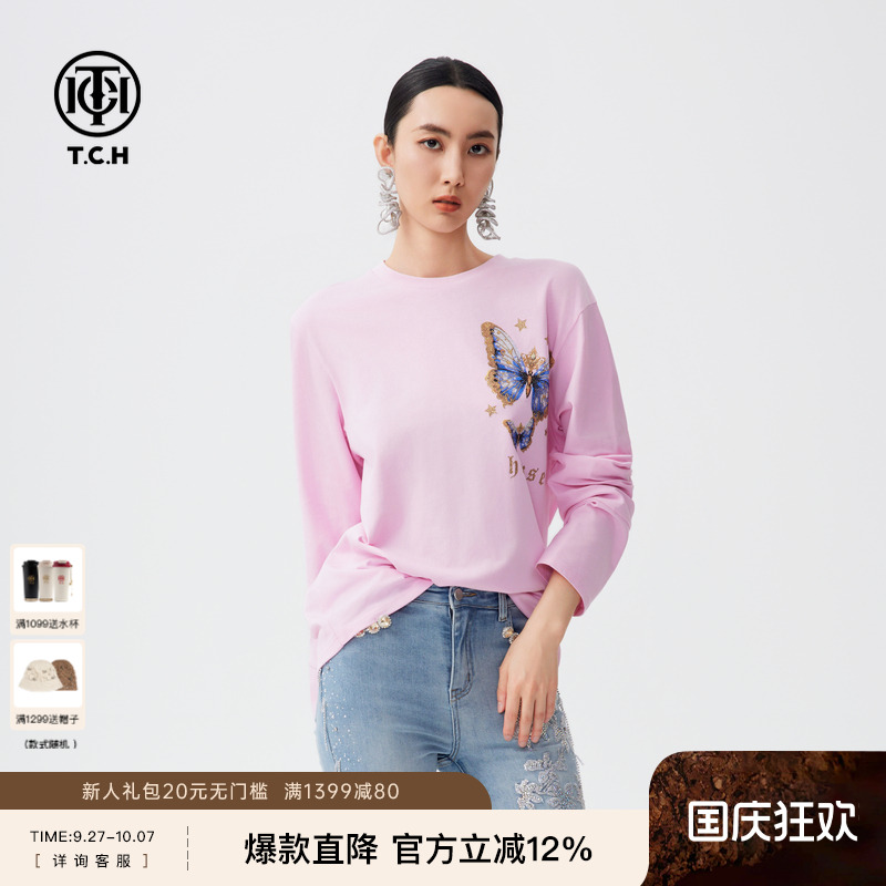 TCH烫钻休闲长袖T恤女圆领百搭宽松上衣男新款T72C086010