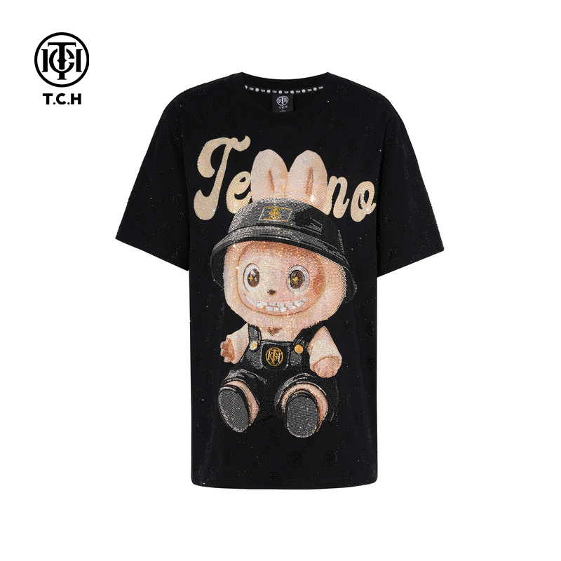 TCH轻奢烫钻百搭休闲宽松小熊黑短袖T恤女25秋季新款T75C10E9043