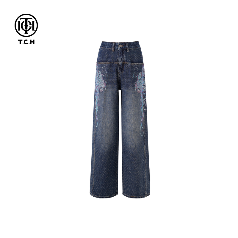 TCH私服烫钻翅膀时尚百搭显瘦阔腿牛仔裤2025春夏新款T75A20E5065