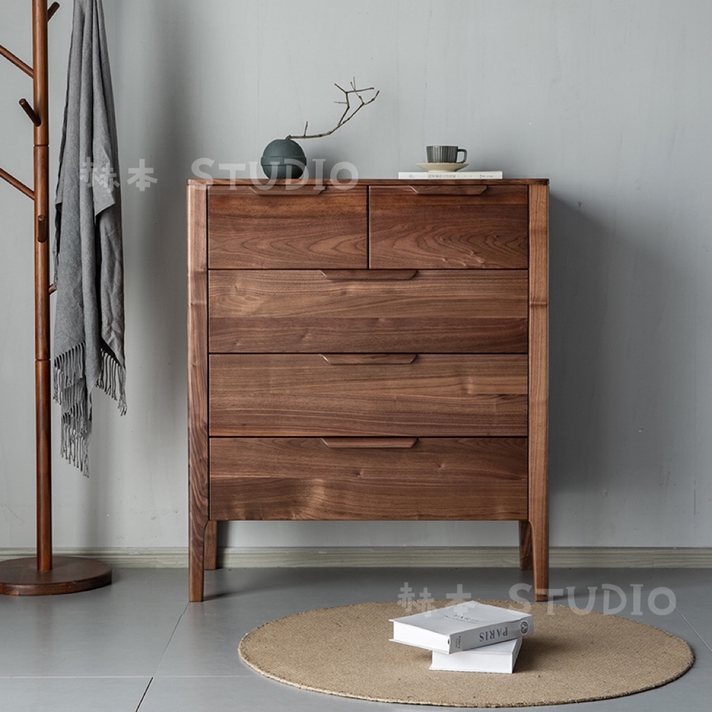 北欧黑胡桃木落地客厅储物五斗柜