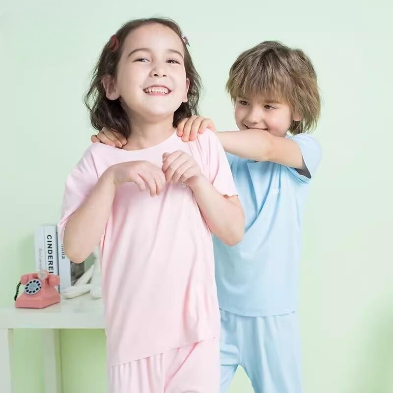 卡伴家居服套装男女儿童空调服成人短袖睡衣夏季薄款吸汗莫代尔