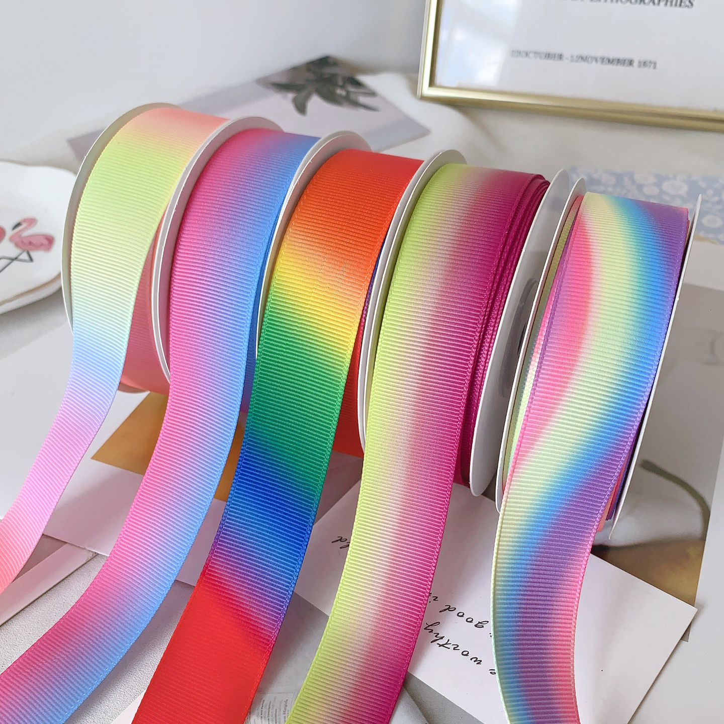 渐变彩虹罗纹带丝带螺纹织带diy手工制作蝴蝶结蛋糕礼盒彩带发饰