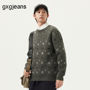 男25春秋新品 线衫 绿色满印设计宽松圆领毛衣针织衫 gxg.jeans男装