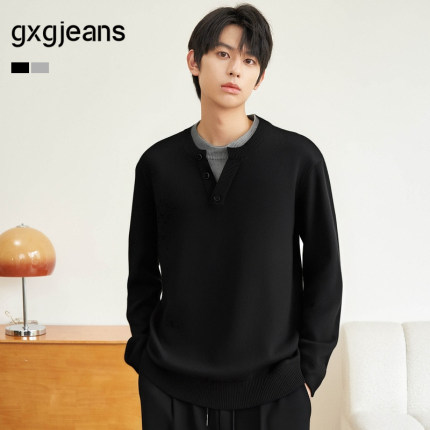 gxg.jeans男装 黑色假两件半开襟休闲毛衣针织衫男 25年春秋新品