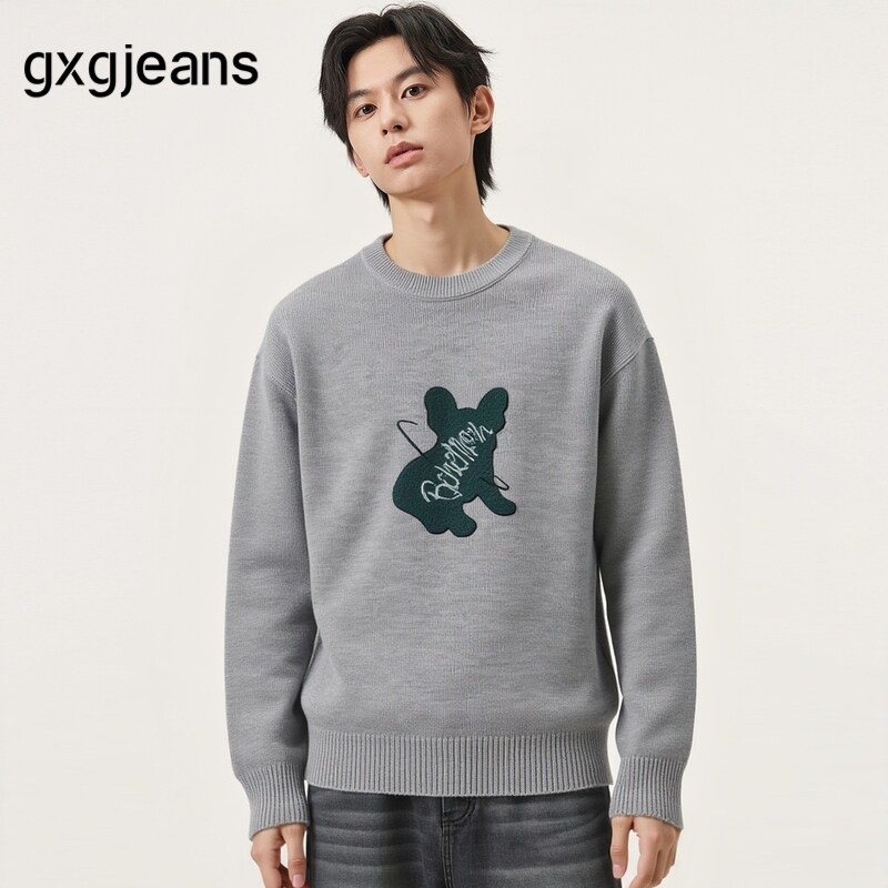 gxg.jeans男装 灰色宽松休闲圆领线衫毛衣男打底基础 秋冬热销