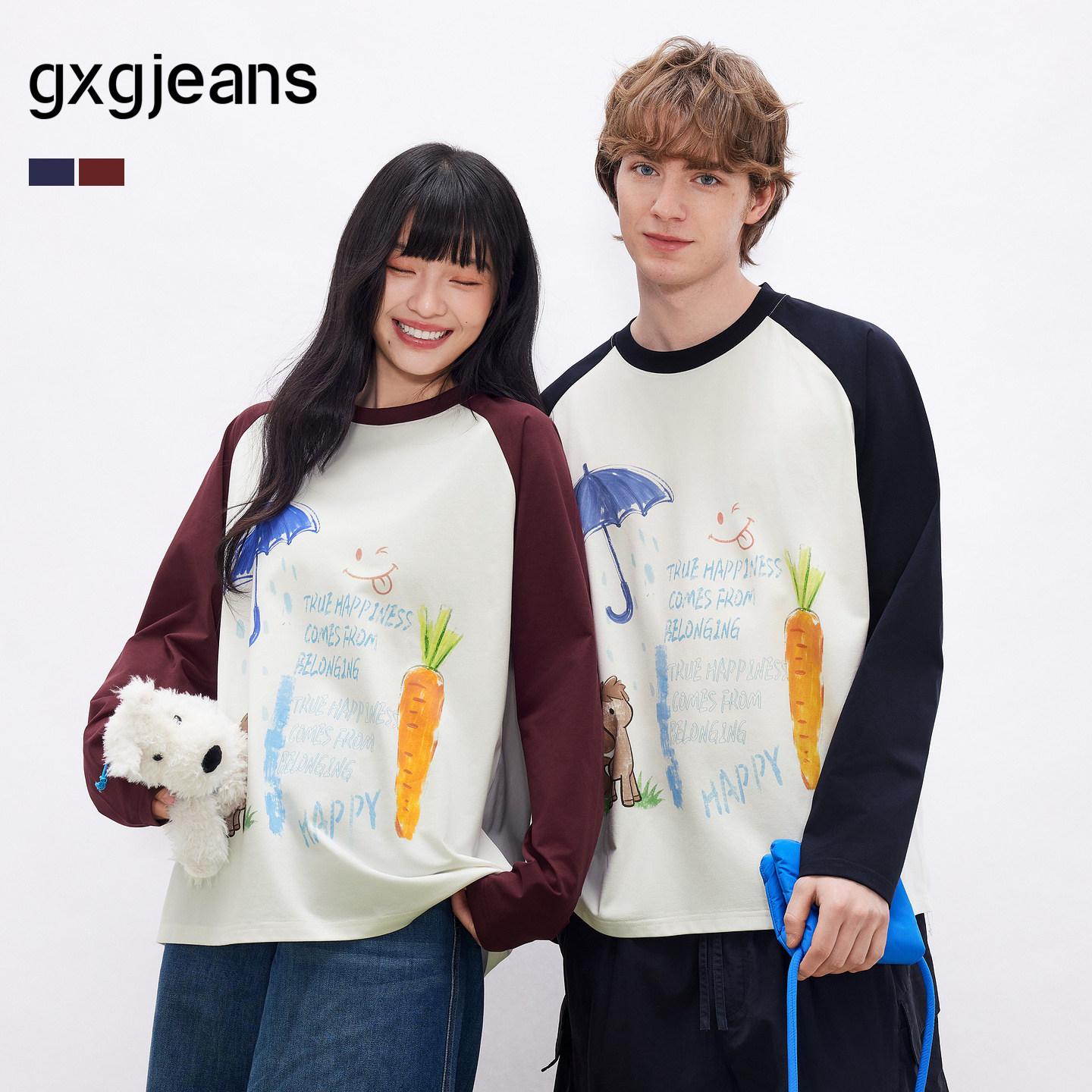 gxgjeans男装 多色潮流印花宽松休闲圆领长袖T恤男士26年春秋热销