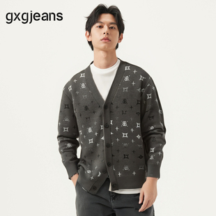 25年春秋新品 gxg.jeans男装 男 开襟毛衣针织衫 绿色满身老花时尚