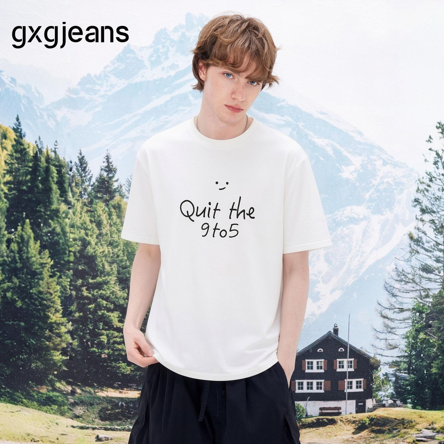 gxgjeans男装 白色简约字母宽松休闲圆领短袖T恤男生 26夏新品