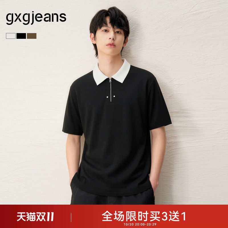 gxgjeans男装 撞色拼接时尚休闲翻领短袖polo衫男t恤26夏新品