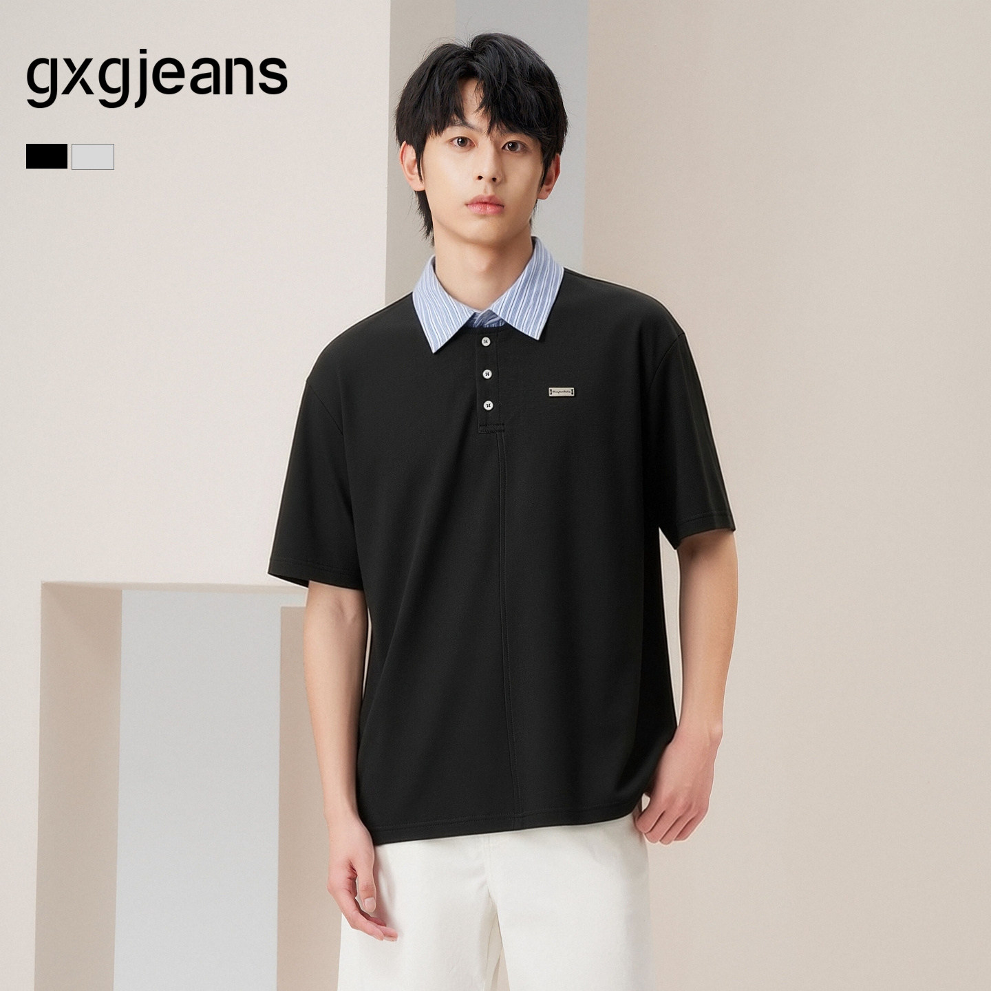 gxgjeans男装 撞色领口条纹拼接多色翻领短袖polo衫男 26夏新品