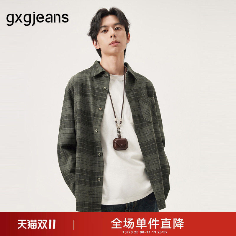 gxg.jeans男装 绿色格纹潮流美式复古长袖衬衫外套男 春秋热销