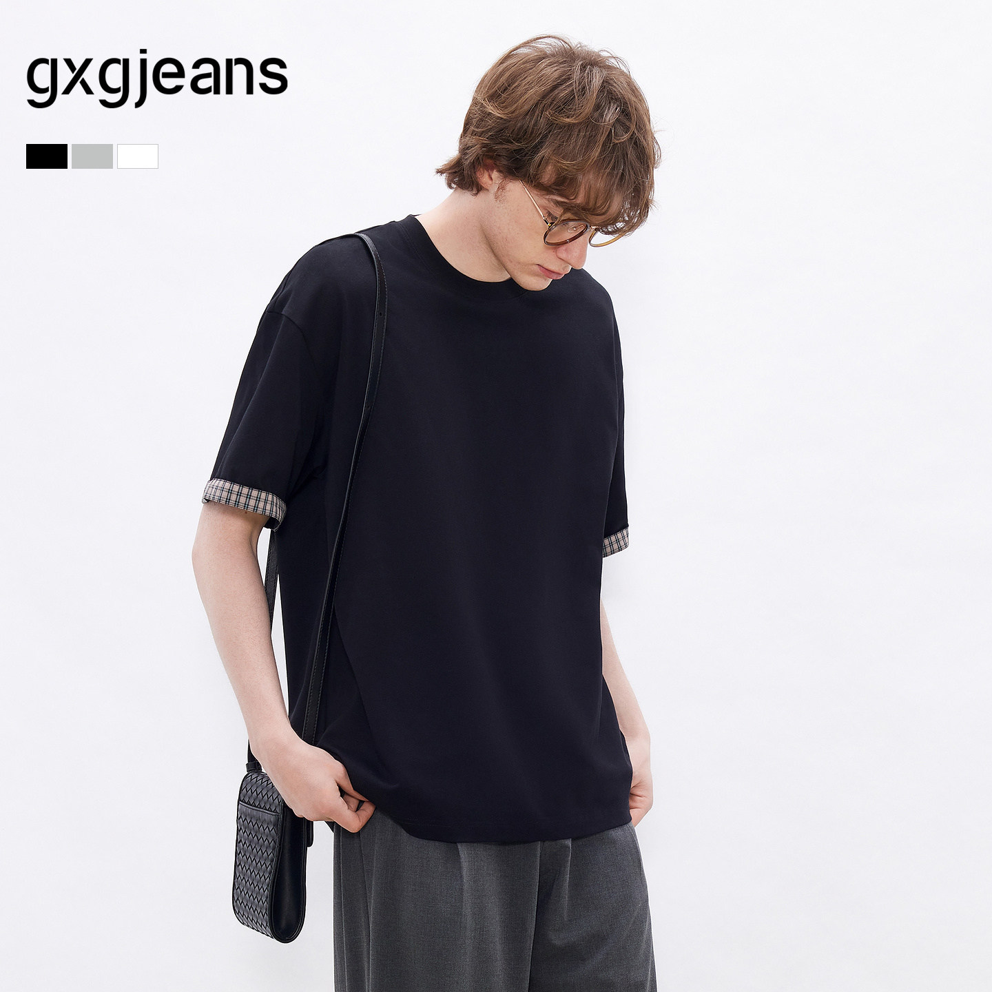 gxgjeans男装 格纹袖口拼接美式宽松圆领短袖T恤男生26夏新品