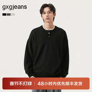 gxg.jeans男装 多色假两件宽松基础亨利领毛衣线衫男 春秋热销