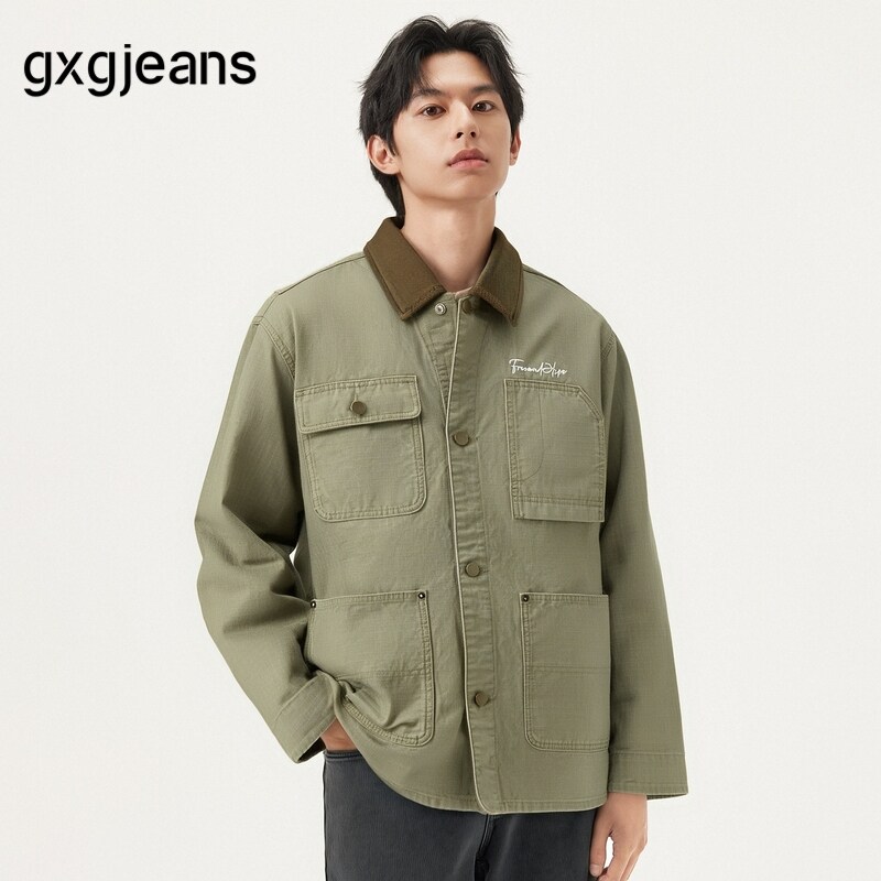 gxg.jeans男装 卡其色灯芯绒拼接巴恩风牛仔夹克外套男春秋热销