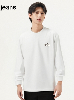 gxg.jeans男装 白色细致绣花基础休闲圆领长袖T恤内搭 25年春新品