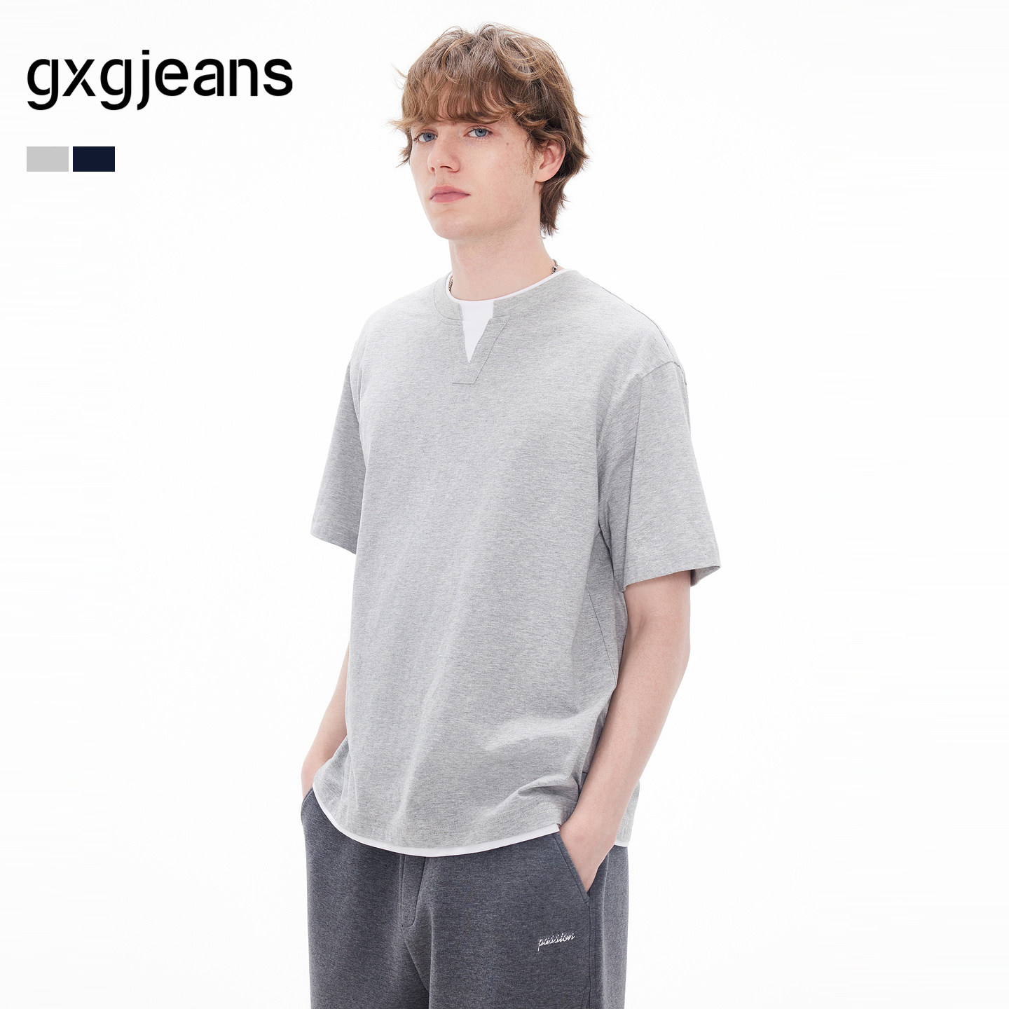 gxgjeans男装  假两件拼接简约休闲短袖T恤男生上衣 26夏新品