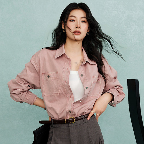外贸货！纯棉长袖牛仔衬衫女英伦工装风松休闲叠穿衬衣春秋季外套