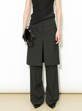 不易皱精纺羊毛层次感假两件开叉微喇裙裤西装裤女春秋季时髦长裤