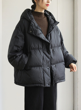 2025年冬季新款白鸭绒羽绒服女韩版休闲宽松大码连帽黑色保暖外套