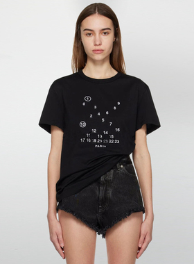 纯棉~设计感数字刺绣圆领短袖T恤衫黑白色宽松休闲上衣2024夏季女