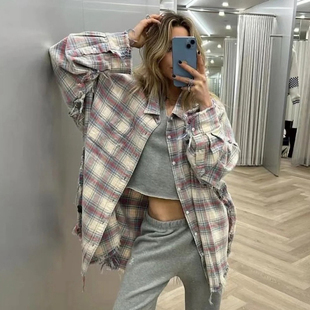 100%棉！iu同款超重工做旧水洗磨毛落肩毛边长袖格纹衬衫女春秋装