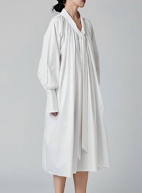 精梳棉！法式优雅围巾领飘带纯棉品质连衣裙女中长款过膝白色裙子