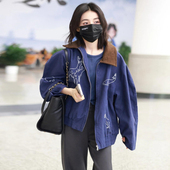 ins博主款 秋冬水洗做旧刺绣灯芯绒翻领牛仔工装 夹克外套风衣女