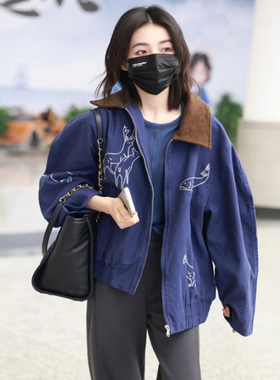 ins博主款！秋冬水洗做旧刺绣灯芯绒翻领牛仔工装夹克外套风衣女