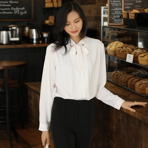 2025春夏气质优雅白衬衣通勤百搭飘带垂坠感女士衬衫长袖上衣女装