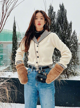 学院风海军领羊毛针织衫韩版2025秋冬新款开衫白色毛衣外套上衣女