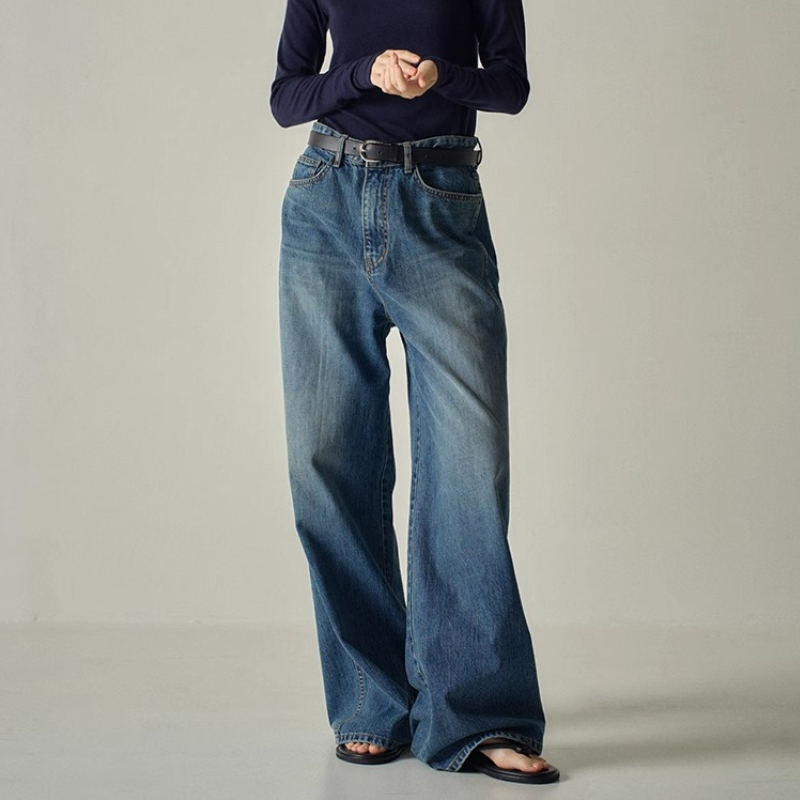 极简高腰显瘦阔腿拖地牛仔裤女