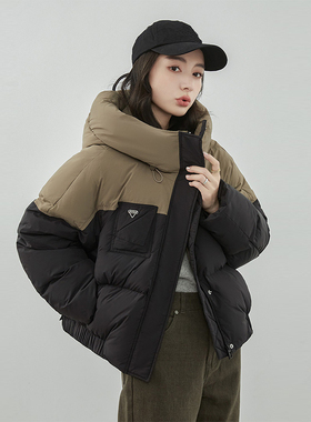 小个子短款羽绒服女2023冬韩版拼接连帽宽松白鸭绒保暖外套潮百搭
