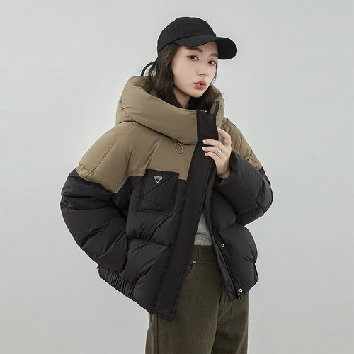 韩版短款连帽拼接白鸭绒羽绒服