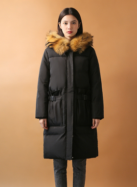 真貉子毛领！90白鸭绒加厚保暖羽绒服女中长款秋冬季通勤连帽外套