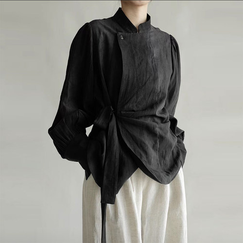 新中式不对称宽松长袖天丝衬衫