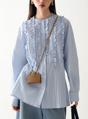 小众设计感荷叶边气质蓝色衬衫长袖衬衣2025年春季新款宽松上衣女