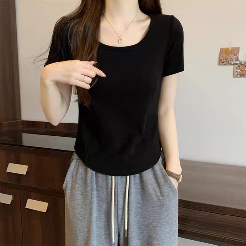 正肩短袖t恤女胖mm甜辣纯欲风显瘦打底衫内搭不规则遮肚微胖上衣