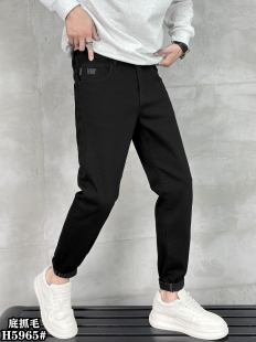 牛仔裤 纯黑色弹力小脚男士 冬款 韩版 HLN抓毛牛仔裤 潮流27码 男修身