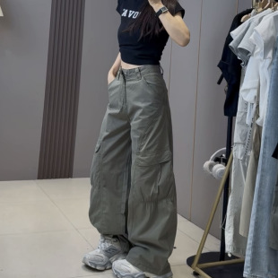 通勤高腰复古宽松阔腿裤 花喜卡3662美式 裤 大口袋工装 女 街头休闲裤