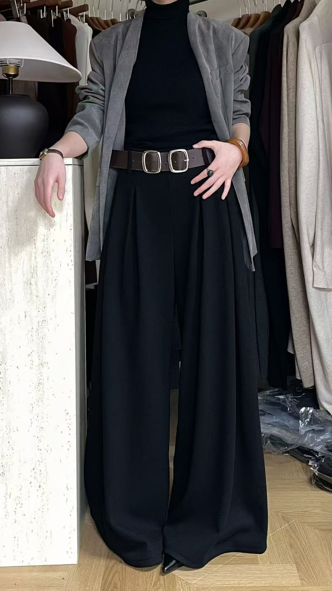 CC+840秋冬新款高腰显瘦阔腿裤女宽松休闲百搭长款呢料保暖西装裤