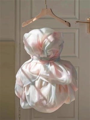 深遇生日party轻订婚纱晚礼服小个子短款花苞裙晕染抹胸连衣裙夏