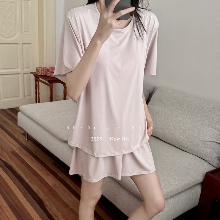 夏季薄款涼皮睡衣女帶胸墊短袖短褲清涼家居服冰激凌甜美少女套裝