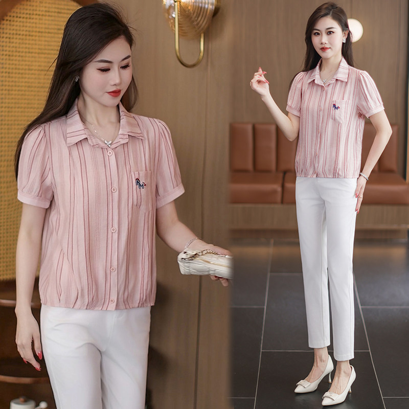 时尚气质短袖衬衫女夏季新款粉色条纹翻领百搭洋气上衣