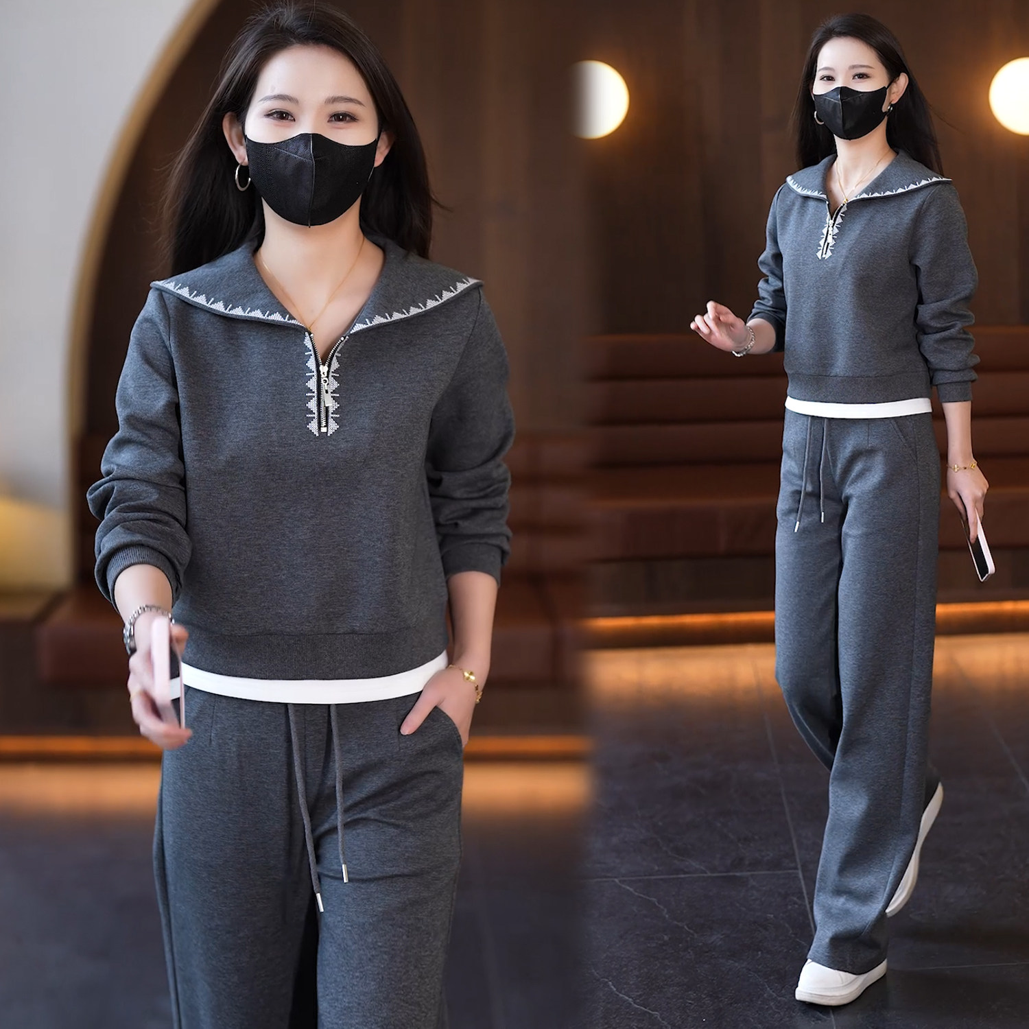 休闲运动套装女2026春季新款洋气刺绣半拉链卫衣阔腿裤两件套