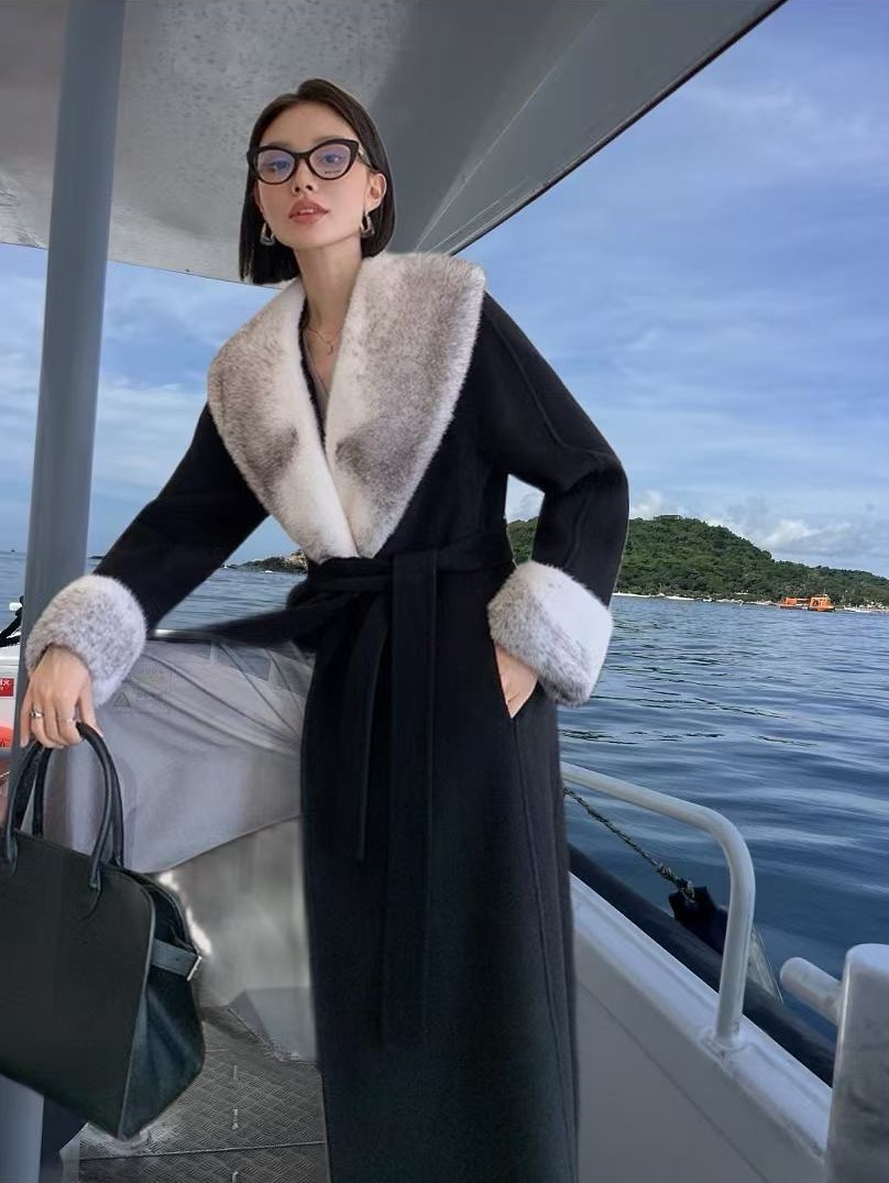 商场同款修身显瘦羊绒大衣女冬季新双面加鹅绒长款水貂毛领通勤风