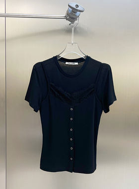 BBLY欧洲站小众FANLEONA圆领叠穿假两件上衣蕾丝拼接减龄短袖T恤