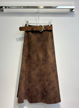 BBLY欧洲站小众南油高端配腰带鹿皮绒垂感大摆长裙印花高腰半身裙