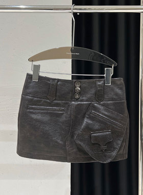 BBLY欧洲站小众伦风南油高端 水洗皮裙重工黑色辣妹半身包臀裙女