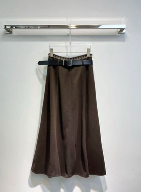 BBLY欧洲站小众显瘦百搭垂直感中长大摆裙毛呢料配腰带高腰半身裙