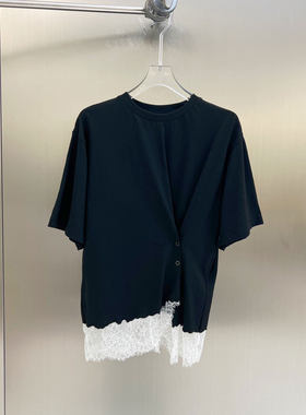 BBLY欧洲站小众FANLEONA侧边按扣拼接减龄上衣刺绣蕾丝短袖T恤女